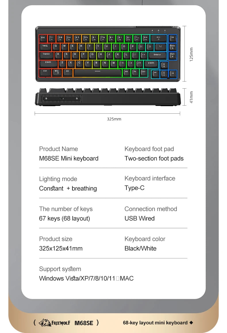FREEWOLF M68SE tastiera mini cablata a 68 tasti, retroilluminazione RGB, Type-C, layout 68%, compatta, per gaming, ufficio, PC e laptop