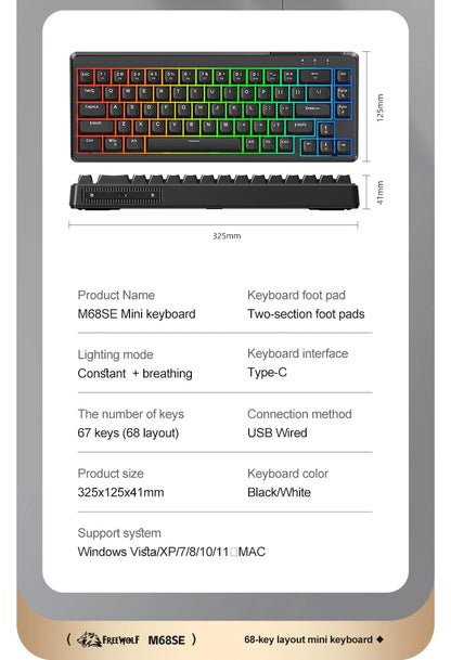 FREEWOLF M68SE tastiera mini cablata a 68 tasti, retroilluminazione RGB, Type-C, layout 68%, compatta, per gaming, ufficio, PC e laptop