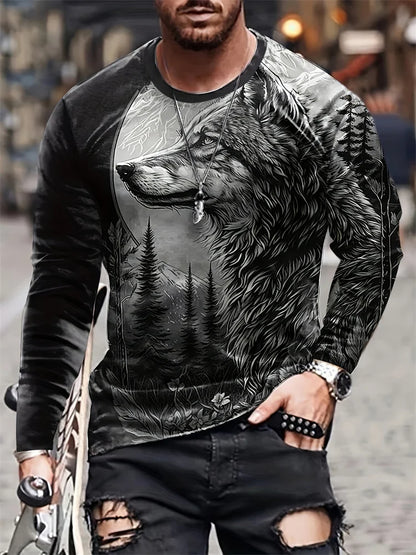 2024 Neues Herren-Langarmshirt mit Wolf-Print – lässiges Herren-Shirt für Frühling und Herbst, Street-Fashion-Langarmshirt
