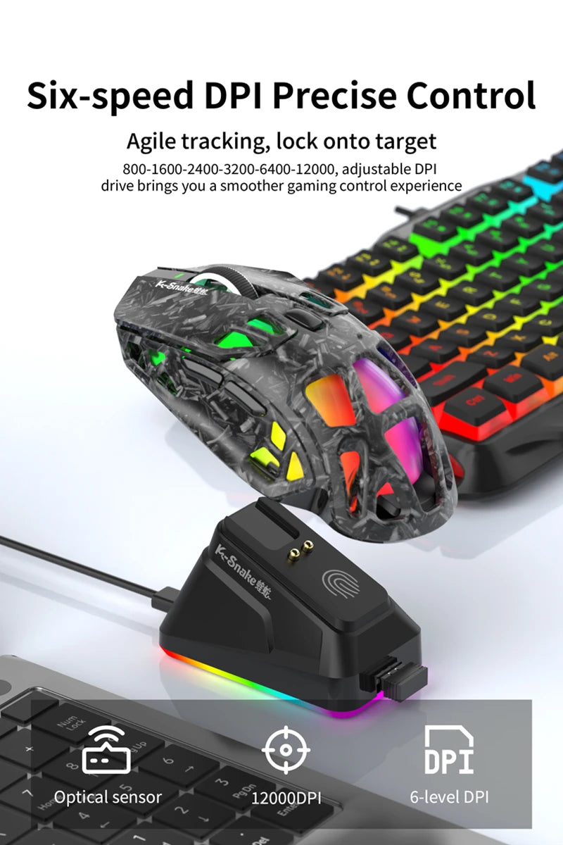 Lenovo Tri-Mode Gaming Mouse Wireless with RGB Charging Dock, 12000DPI Ergonomic Rechargeable Mouse, Bluetooth 2.4G USB Mouse for PC Laptop