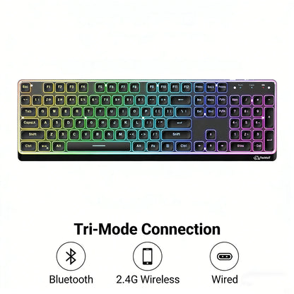 Freewolf M104 Tri-Mode Wireless Keyboard RGB 104 Keys Ultra Slim Quiet Membrane 4000mAh Large Battery for Office & Home