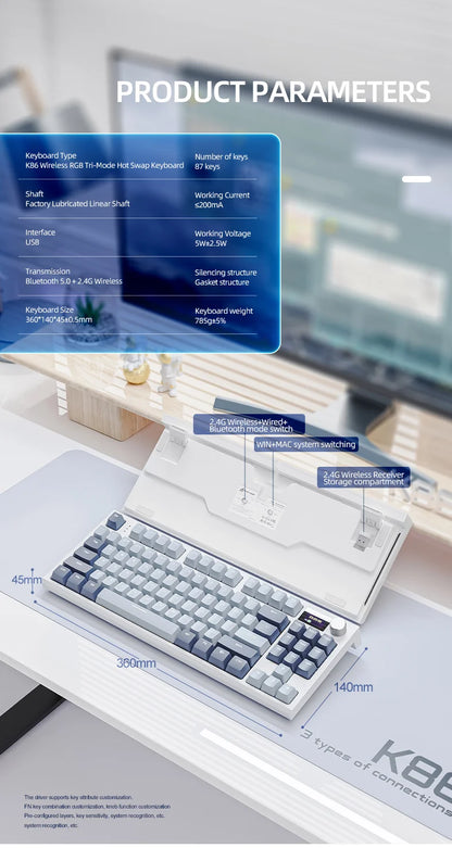 ATTACK SHARK K86 Mechanical Keyboard with Metal Knob,TFT Smart Color Screen,87-key Layout,RGB Lighting,and Three-mode Connection