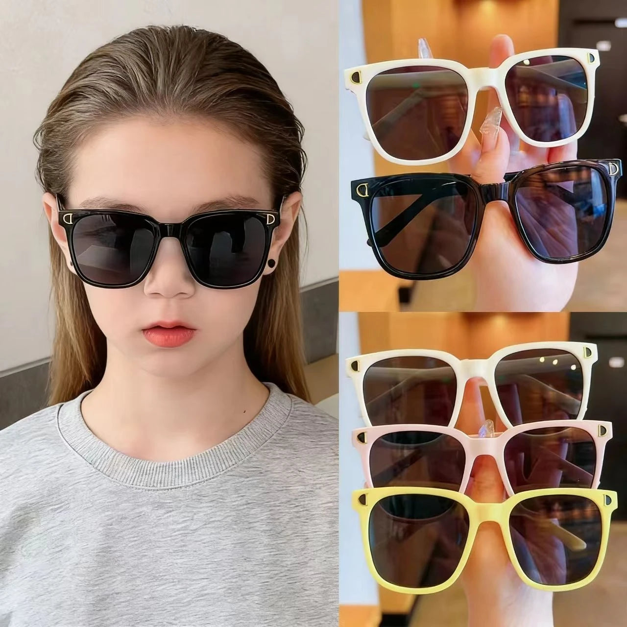 Kids Retro Square Sunglasses for Boys Girls, UV400 Protection Trendy D-Logo Sun Glasses, Fashion Children's Outdoor Eyewear