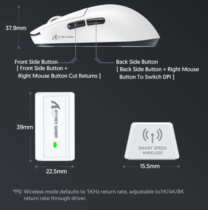 Ratón gaming Attack Shark R6 ultraligero de 38g, PAW3950, tasa de sondeo 8K, inalámbrico, Nordic 52840, 24000DPI, triple modo