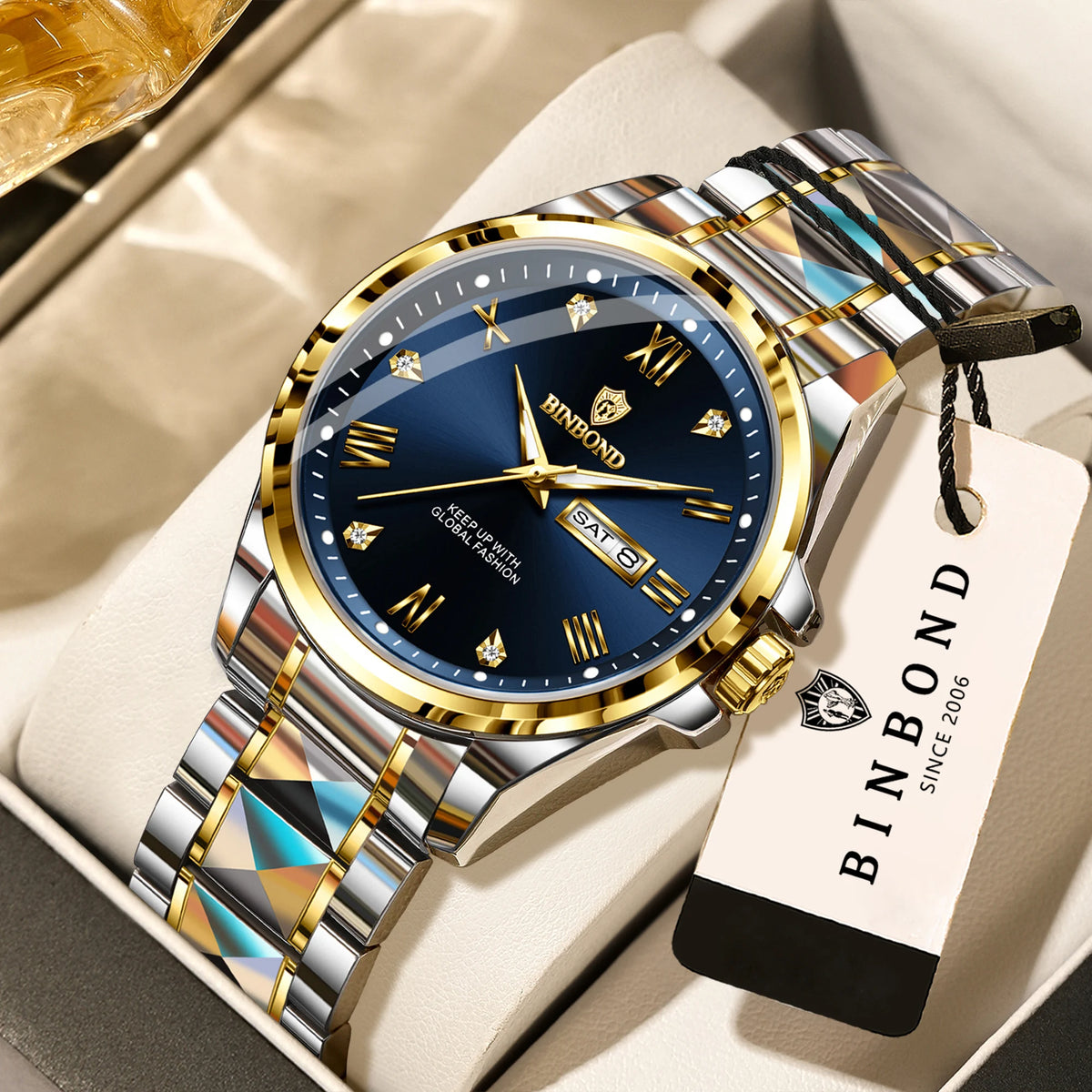 BINBOND men’s quartz wristwatch – Professional style, luxurious, luminous, robust and durable, water-resistant, with automatic date and day-of-the-week display.