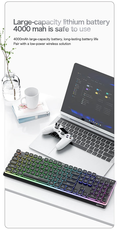 Freewolf M104 Tri-Mode Wireless Keyboard RGB 104 Keys Ultra Slim Quiet Membrane 4000mAh Large Battery for Office & Home