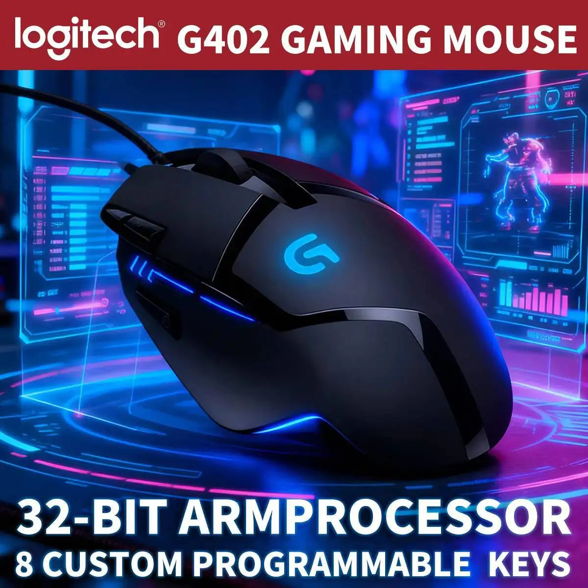Mouse gaming cablato Logitech G402, processore ARM a 32 bit, 8 pulsanti, 500 IPS, antiscivolo, per sessioni di gioco e lavoro per tutto il giorno