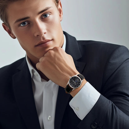 BERNY Men's Watch Date Weeks Moon Phase Quartz Watches for Men Stainless Steel Leather Strap Business Wristwatch Male Clock