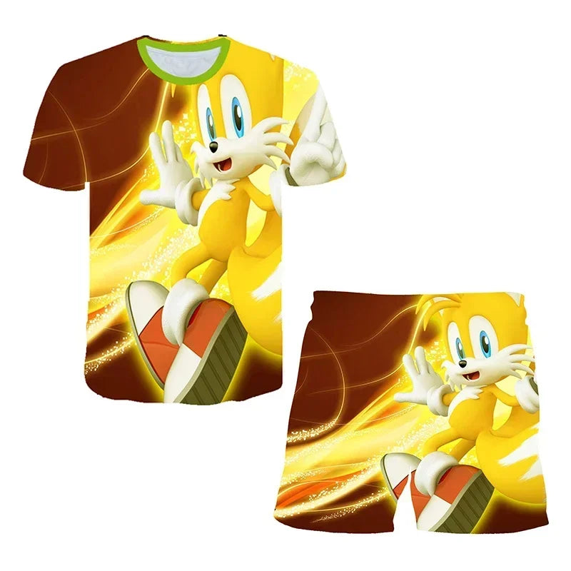 Fashion 3D Anime Children's T-shirt Set Sonic The Hedgehog Top Short Sleeve + Shorts Two-piece Set Girls Boys Cosplay Costume