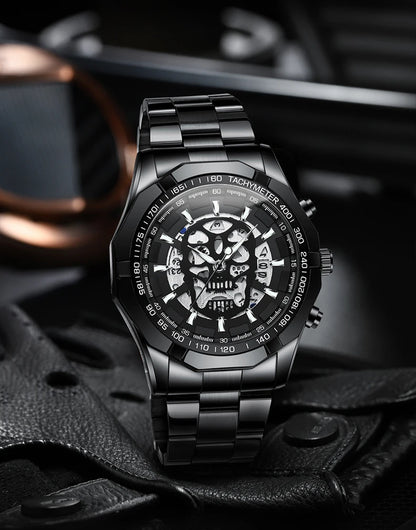 Montre-bracelet BINBOND pour homme, motif crâne squelette, à quartz précis, luxueuse, lumineuse, étanche, avec date automatique, robuste.