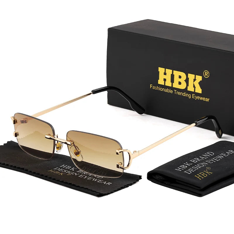 HBK Retro Rimless Sunglasses For Women Men Small Square Gold Frame Brand Design Tea Shades Rectangle UV400 Zonnebril Eyewear