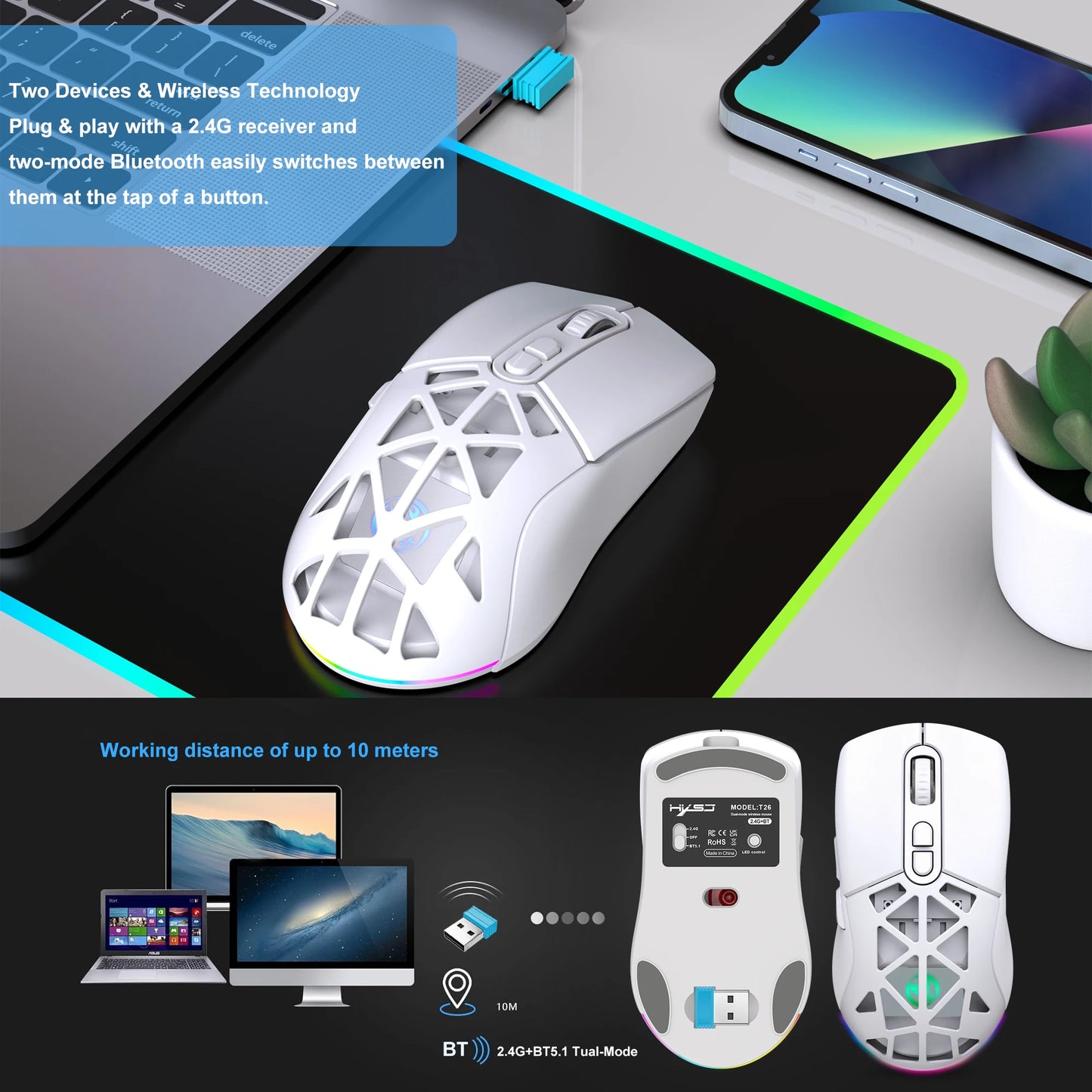 HXSJ T26 Dual Mode Wireless Gaming Mouse, Bluetooth 5.1 & 2.4G Rechargeable Gaming Mouse, 4800 DPI Ergonomic Optical Mouse for Laptop & PC