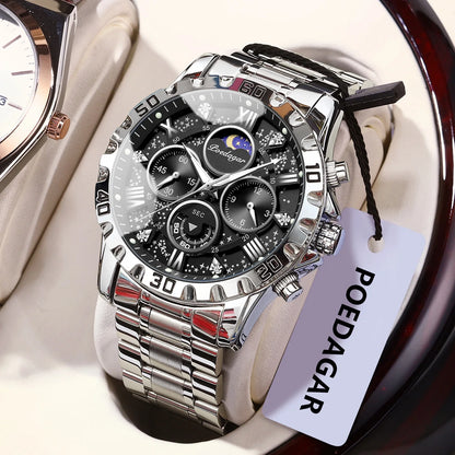 Montre homme de luxe POEDAGAR, étanche, lumineuse, en acier inoxydable, à quartz, chronographe, style militaire.