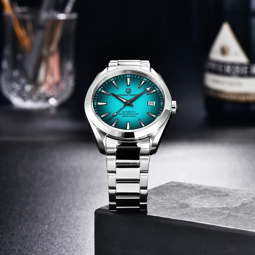 Luxusuhr für Herren von PAGANI DESIGN – Mechanisches Automatikmodell (Kaliber 8215), aus Edelstahl, wasserdicht, mit Datumsanzeige und leuchtenden Zeigern