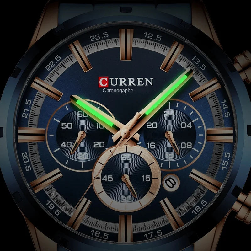 Vyriškas laikrodis „CURREN“ – prabangus sportinis chronografas, kvarcinis mechanizmas, pagamintas iš plieno, atsparus vandeniui