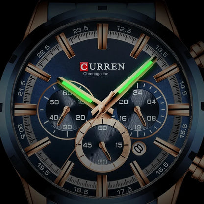 Vyriškas laikrodis „CURREN“ – prabangus sportinis chronografas, kvarcinis mechanizmas, pagamintas iš plieno, atsparus vandeniui
