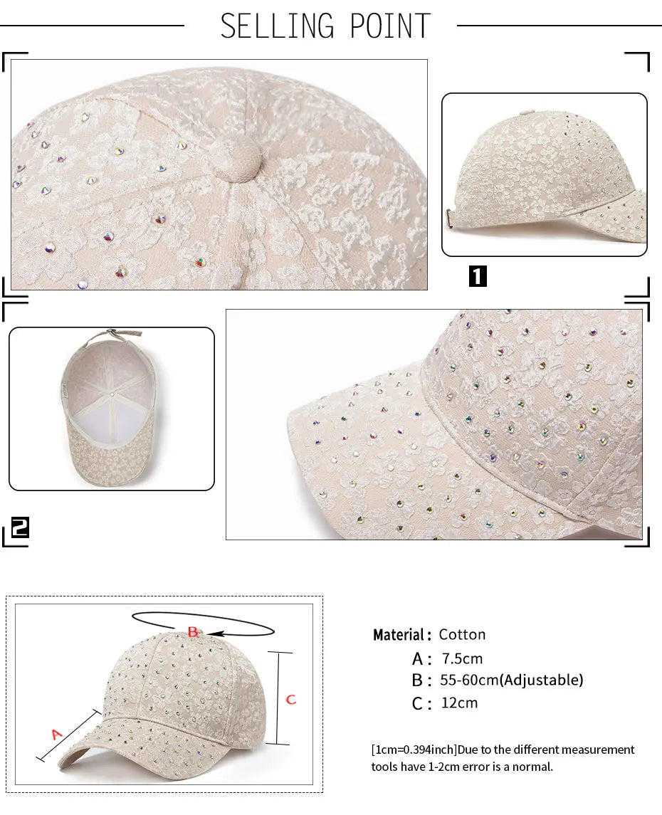 CNTANG Summer Women Rhinestone Baseball Cap Flower Embroidery Hats Female Snapback Fashion Designer Sun Hat Hip Hop Y2k Caps