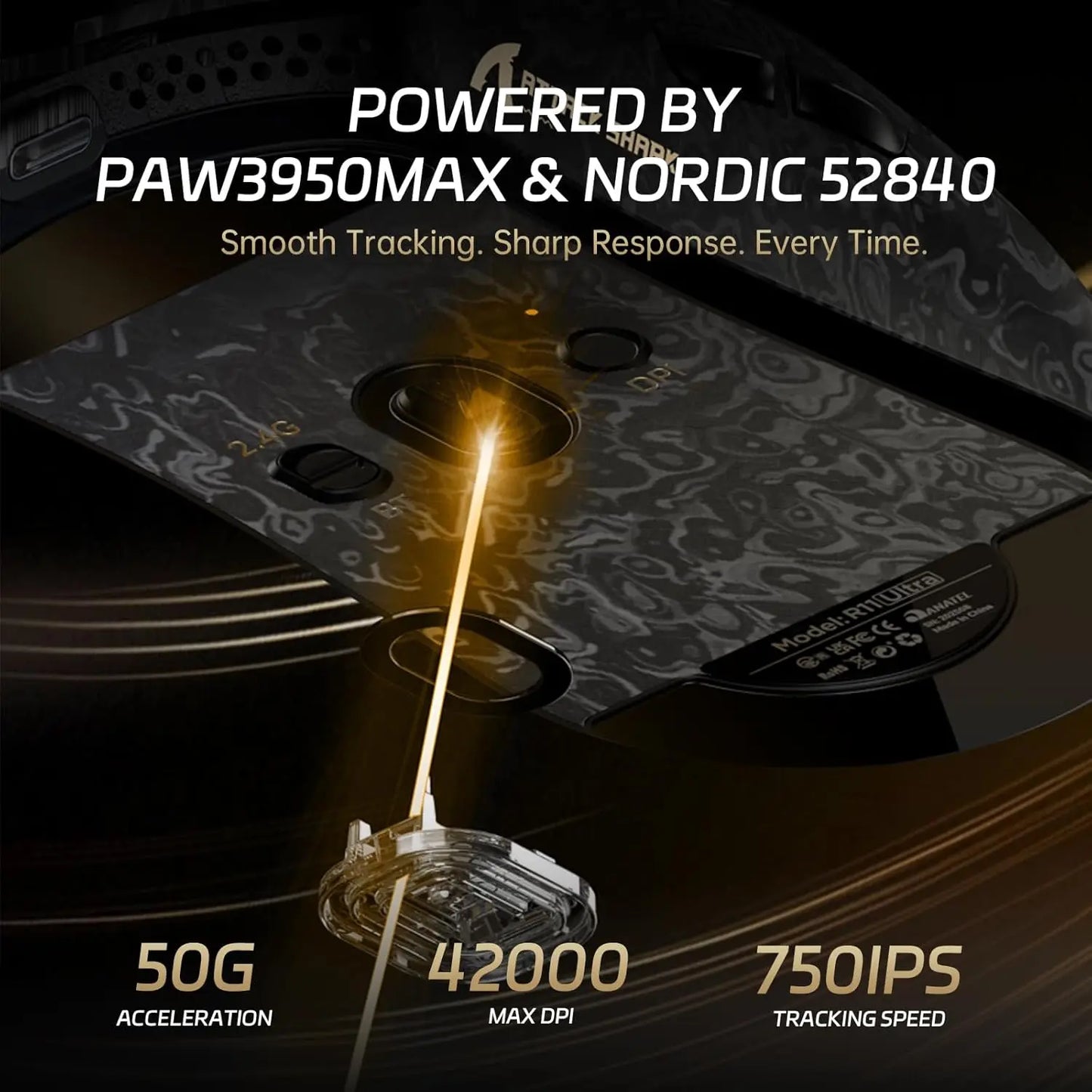 Ratón gaming inalámbrico ATTACK SHARK R11 ULTRA de fibra de carbono 49g 8000Hz, 42000 DPI, 20000 FPS, PAW3950MAX, chip Nordic 52840