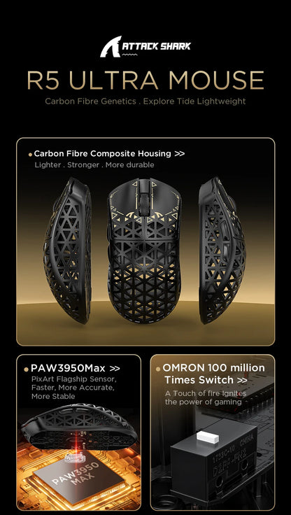 ATTACK SHARK R5 Tri-mode Ultra Wireless Gaming Mouse Carbon Fiber 8K, PAW3950MAX, 8000Hz Wireless Polling Rate, DPI up to 42000