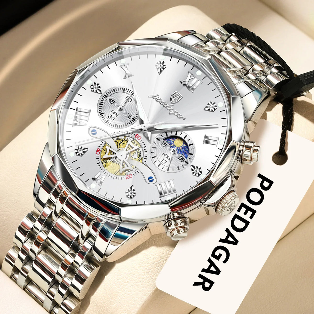 Originele luxe POEDAGAR herenhorloge, waterdicht, chronograaf met verlichting, roestvrijstalen quartz-polshorloge, hoogwaardige herenhorloges
