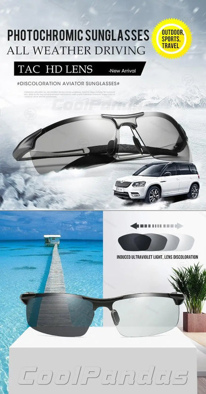 CoolPandas Photochromic Sunglasses Men Polarized Rimless Outdoor Sport Driving Glasses Day Night Chamelon Goggle zonnebril heren