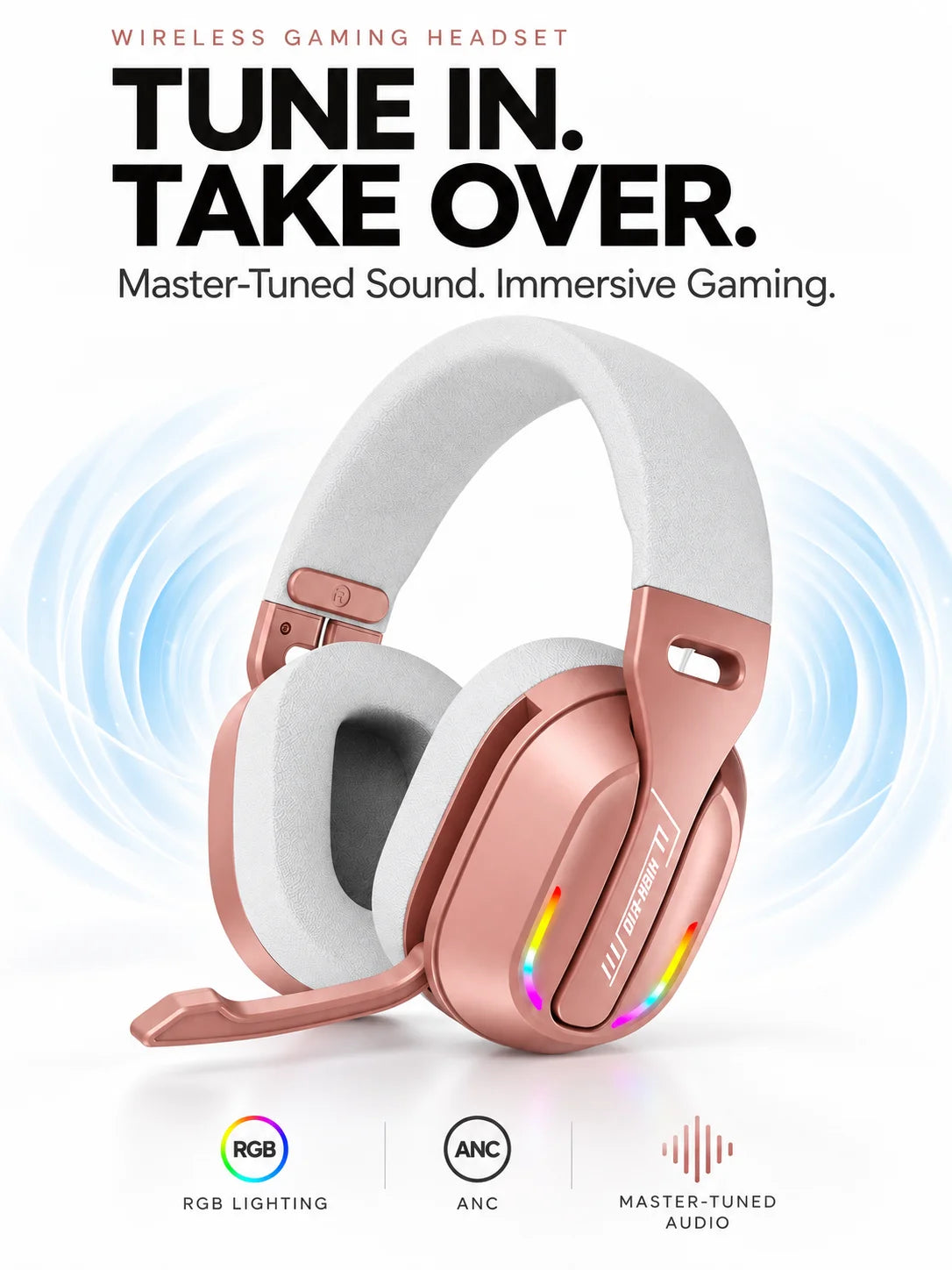 Casque de jeu, casque supra-auriculaire Bluetooth et filaire avec éclairage RGB, microphone, coussinets d’oreille souples pour jeux sur PC et mobile, couleur or rose.