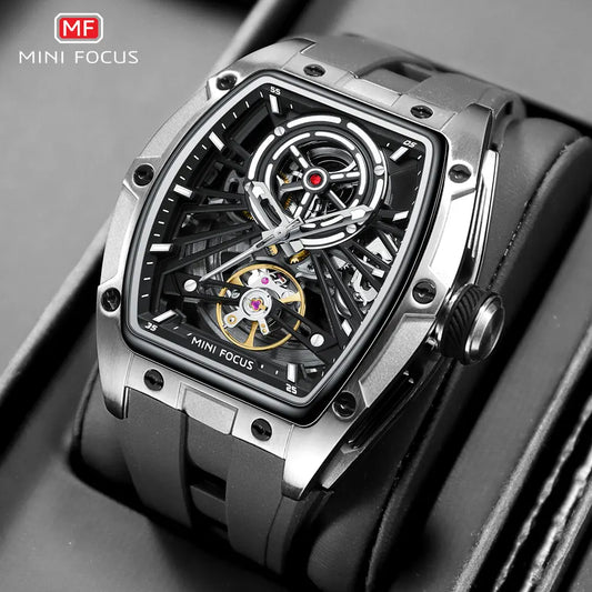 Relógio de Pulso Masculino MINI FOCUS, Preto, Fashion, Impermeável, Mecânico Automático, com Ponteiros Luminescentes, Bracelete em Silicone e Mostrador Tonneau