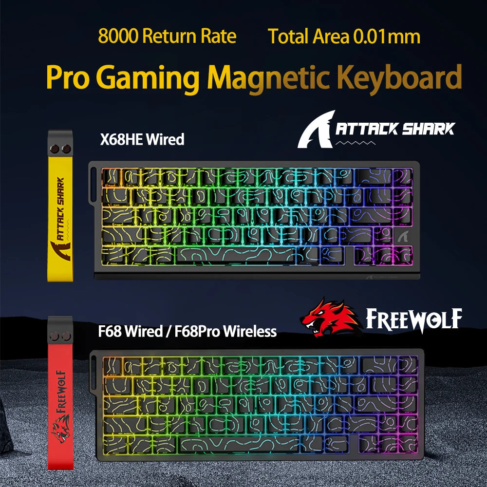 Teclado com interruptores magnéticos ATTACK SHARK X68HE com fios e FREEWOLF F68 com fios F68Pro sem fios para gaming profissional 8K Hz 0.01mm Rapid Trigger