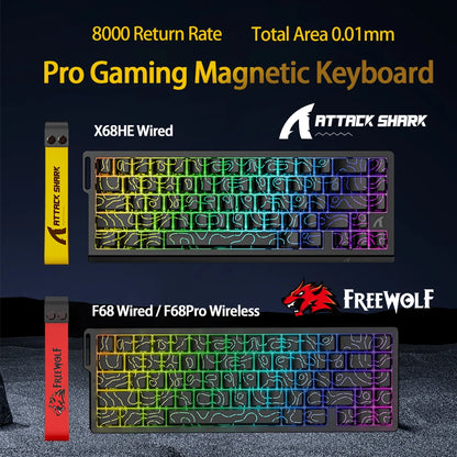 Teclado com interruptores magnéticos ATTACK SHARK X68HE com fios e FREEWOLF F68 com fios F68Pro sem fios para gaming profissional 8K Hz 0.01mm Rapid Trigger