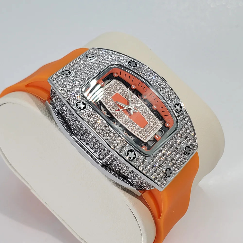 Luxury Diamond Watch For Women Elegant Tonneau Original Design Watches Fashion Ice Out Sport Rubber Strap Waterproof Mille Clock