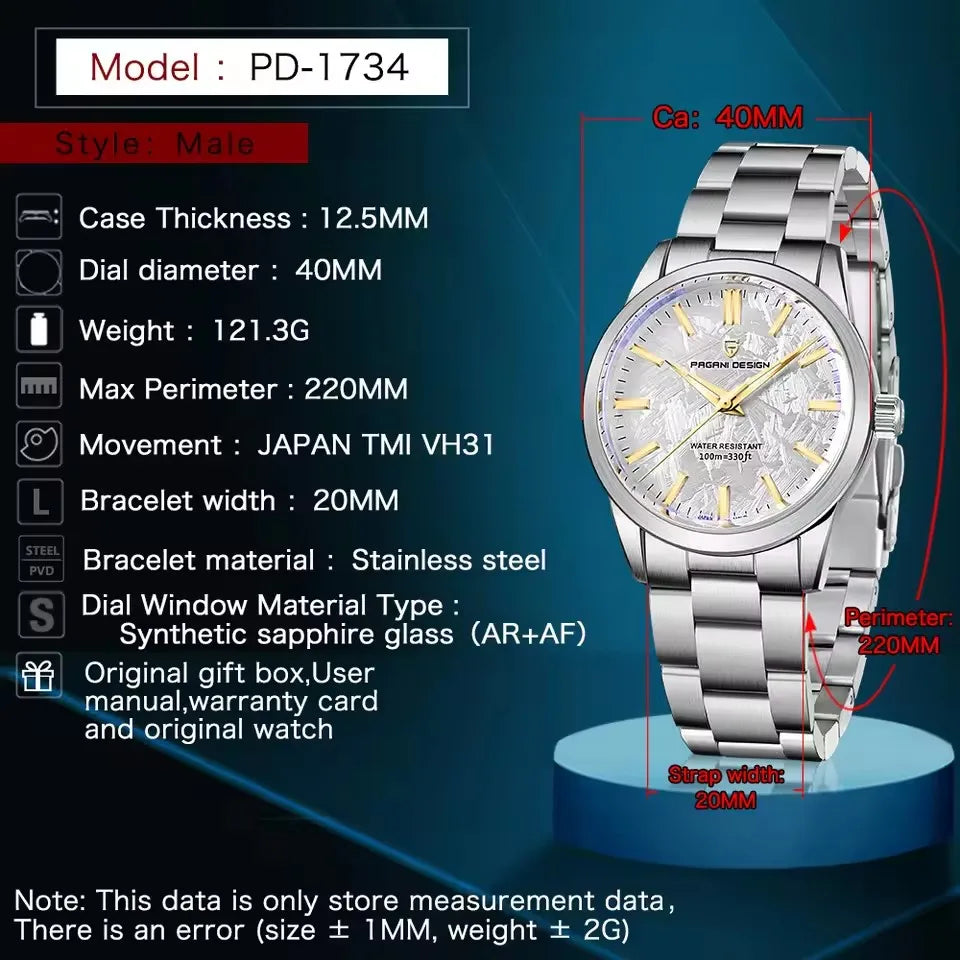 PAGANI DESIGN 40MM Meteorite Dial Men's Quartz Watches Luxury Business Sapphire 316L Stainless Steel 100M Waterproof Watch for Men