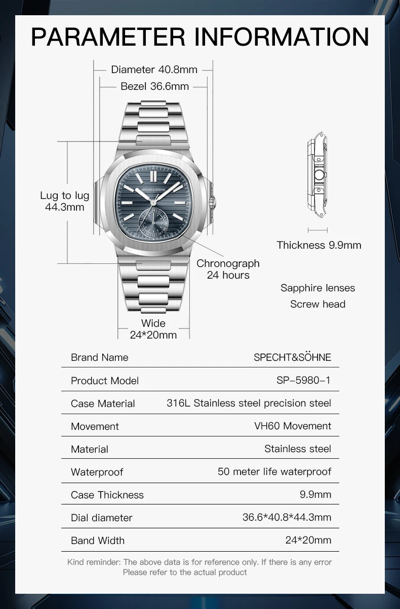 Relógio masculino ultrafino Specht & Söhne New Classic 40.8MM, movimento Japan VH60, vidro de safira, relógio desportivo 5980, resistente à água 50M