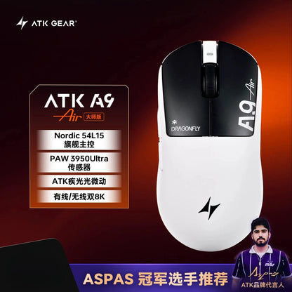 Rato Gaming Bluetooth Sem Fios ATK Dragonfly A9, Design Ergonómico, Resposta Rápida, PAW3950 Ultra, 800mAh, Leve, 8KHz, eSports