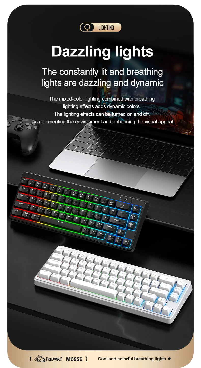 FREEWOLF M68SE tastiera mini cablata a 68 tasti, retroilluminazione RGB, Type-C, layout 68%, compatta, per gaming, ufficio, PC e laptop
