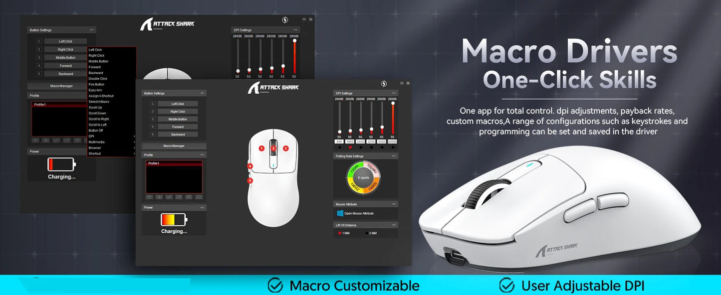 Ratón gaming inalámbrico ATTACK SHARK X3, ratón ergonómico para PC de 49g, tres modos, sensor óptico PAW3395 de 26K DPI, botones programables
