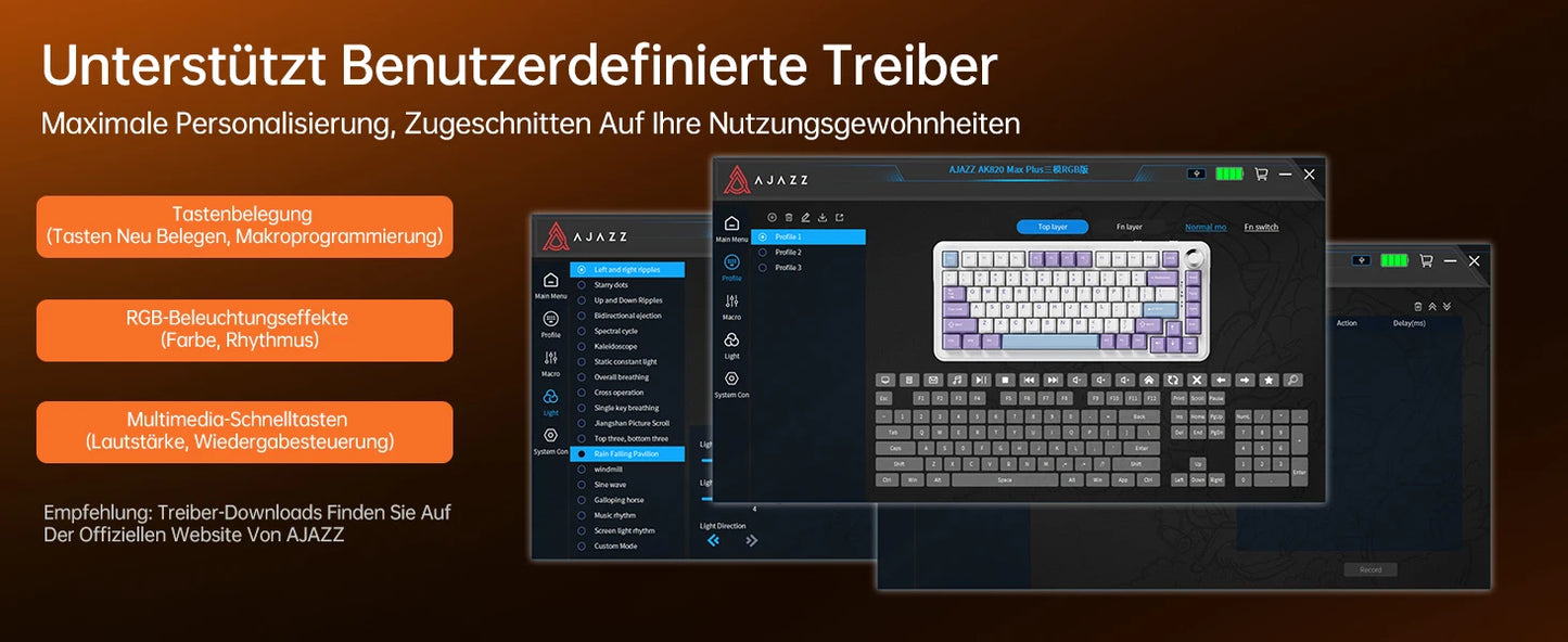 German Version Ajazz Ak820 Gaming Mechanical Keyboard, German Keyboard, Iso-De Layout Qwertz Hot-Swappable Volume Knob, Holiday Gift
