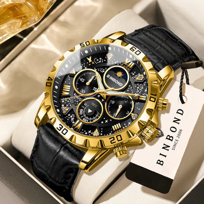 Authentic and accurate BINBOND quartz wristwatch for men, a luxury, water-resistant chronograph with a luminous display and leather strap.