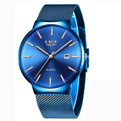 LIGE Herrenuhr, elegantes und luxuriöses Modell, ultraflach, wasserdicht, mit Gliederarmband, Quarzwerk, Datums- und Kalenderanzeige – ideal für einen professionellen Look.