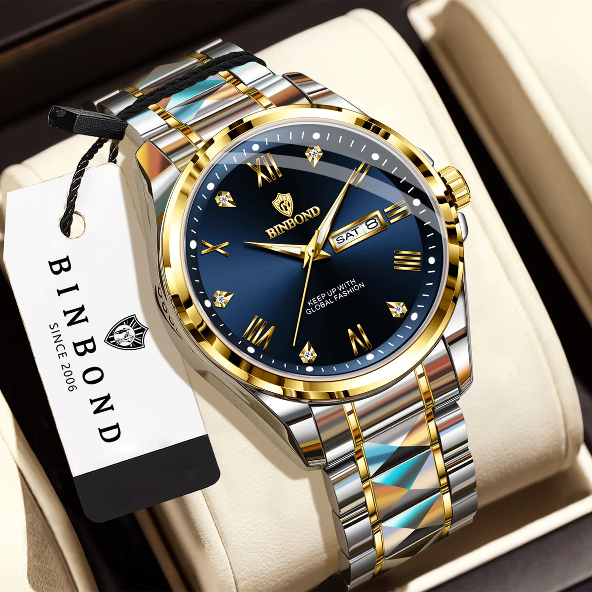 BINBOND men’s quartz wristwatch – Professional style, luxurious, luminous, robust and durable, water-resistant, with automatic date and day-of-the-week display.