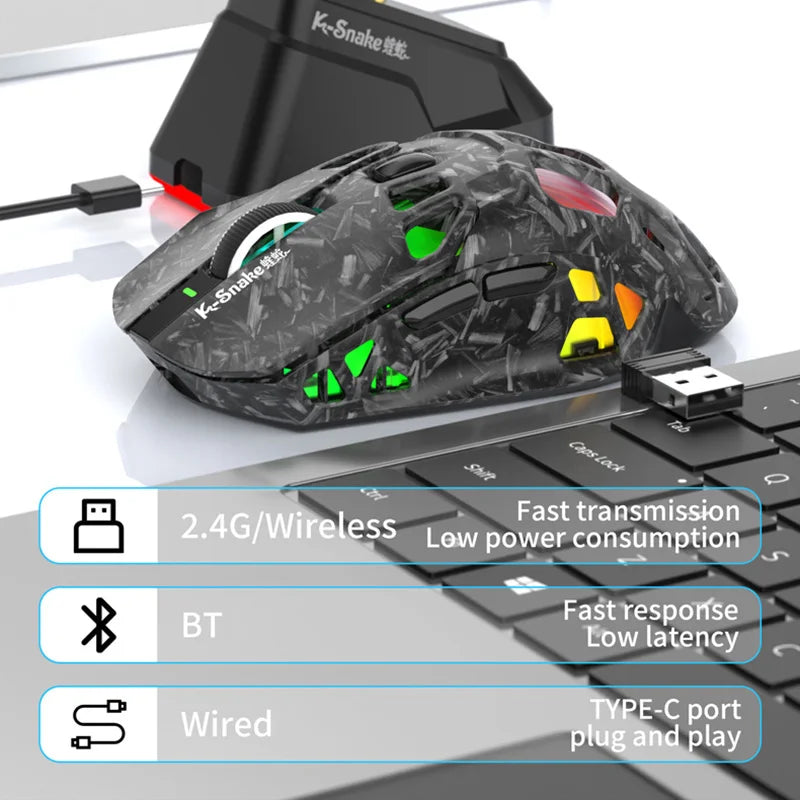 Lenovo Tri-Mode Gaming Mouse Wireless with RGB Charging Dock, 12000DPI Ergonomic Rechargeable Mouse, Bluetooth 2.4G USB Mouse for PC Laptop