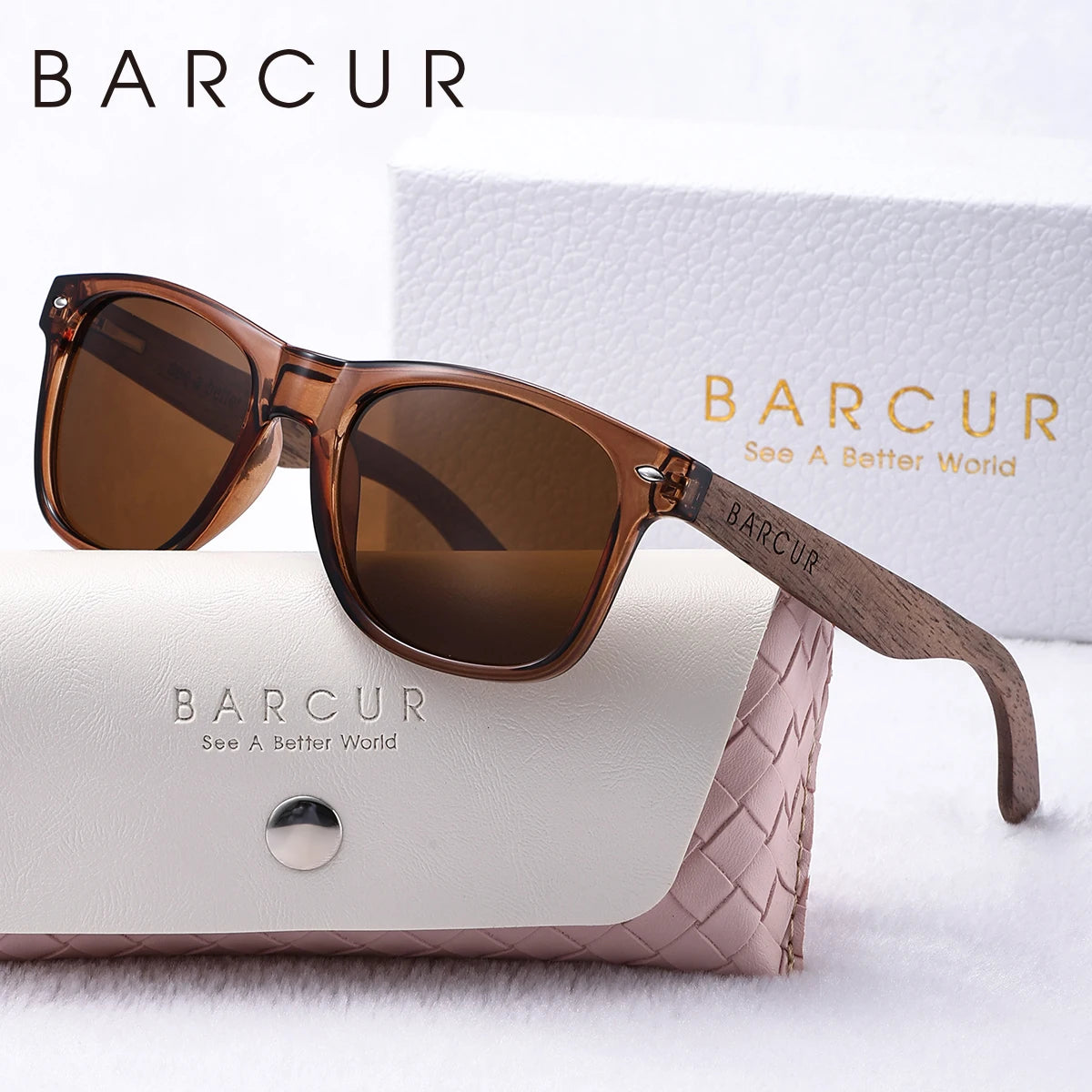 BARCUR Natural Wood Polarizing PC Oval Women Sunglasses Dark Luxury Texture Wooden Mirror Legs Sunscreen UVA*B Women Sunglasses