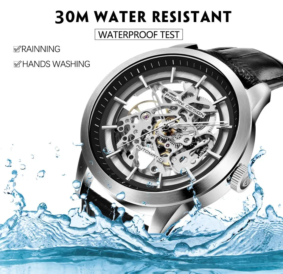 PAGANI DESIGN Business Man Watch Luxury Skeleton Hollow Leather Men's Wristwatch New Mechanical Male Clock