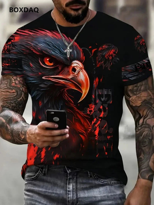 T-shirts Fashion Eagle para homem, corte largo, gola redonda, tops casuais de manga curta, estampado 3D de animal, T-shirt streetwear, tamanho grande 6XL, tee respirável