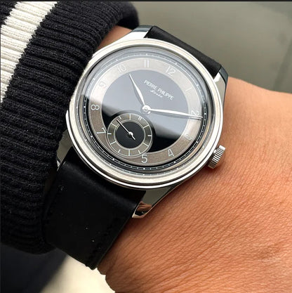 High-end Men's 38MM Watch Black Enamel Dial ST17 Manual Mechanical Watch Leather Waterproof