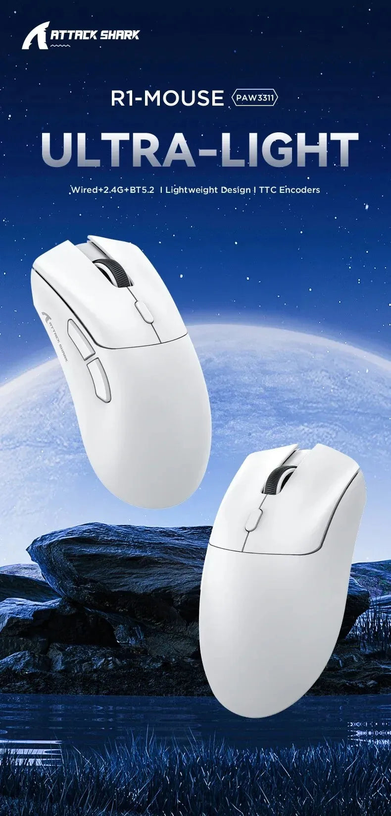 Rato ultraleve ATTACK SHARK R1 59g com PAW3311, 18000DPI, 400IPS, 40G, 1000Hz, Tri-Mode, controlador Broadcom BK3633, 20 milhões de cliques