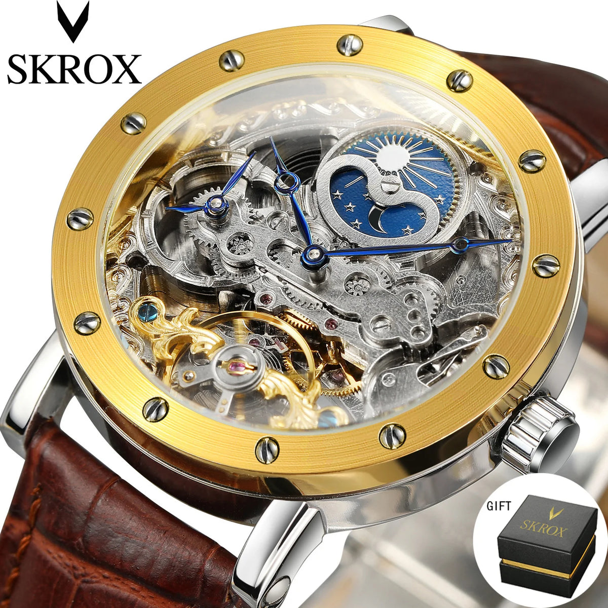 SKROX vyriškas automatinis mechaninis rankinis laikrodis, skeleto modelis su GMT funkcija, mėnulio fazėmis ir turbiljonu – prabangus, aukščiausios klasės, elegantiškas ir originalus laikrodis.