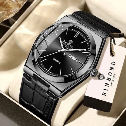 Montre-bracelet à quartz BINBOND de luxe avec bracelet en cuir, précise, lumineuse, étanche, affichage automatique de la date et du jour de la semaine, durable, pour homme.