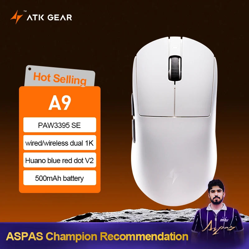 Mouse gaming wireless ATK Dragonfly A9 Ultra PAW3950 ultraleggero tri-mode ergonomico e-sport per gamer FPS A9 SE Plus