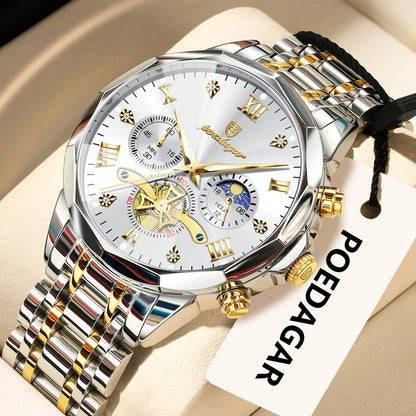 Originele luxe POEDAGAR herenhorloge, waterdicht, chronograaf met verlichting, roestvrijstalen quartz-polshorloge, hoogwaardige herenhorloges