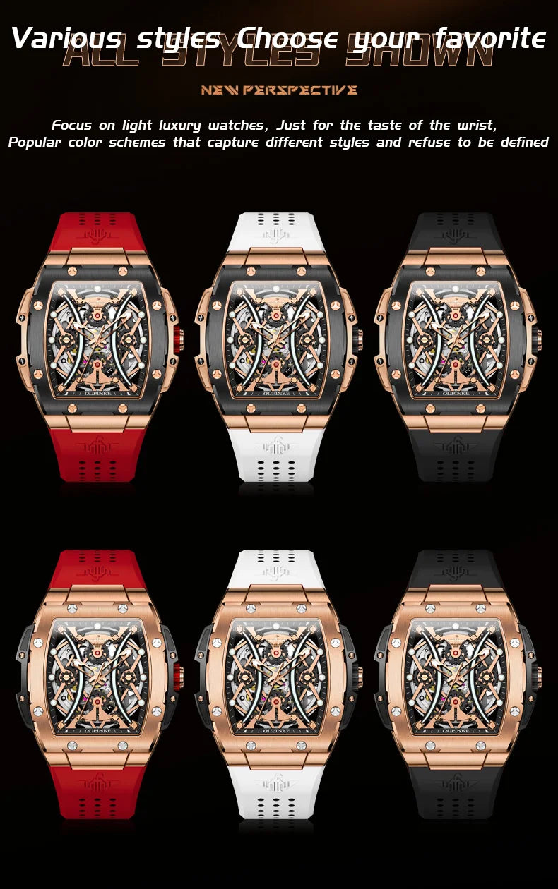 Reloj OUPINKE para hombre, clásico de lujo, esfera tonneau, marca premium original, movimiento mecánico automático, correa de silicona, cristal de zafiro, nuevo